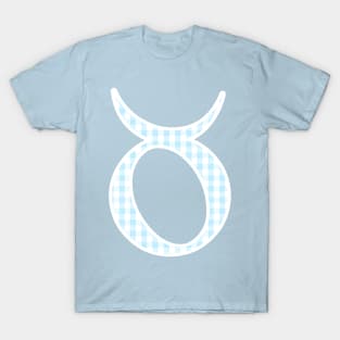 Taurus Zodiac Horoscope Symbol in Pastel Blue and White Gingham Pattern T-Shirt